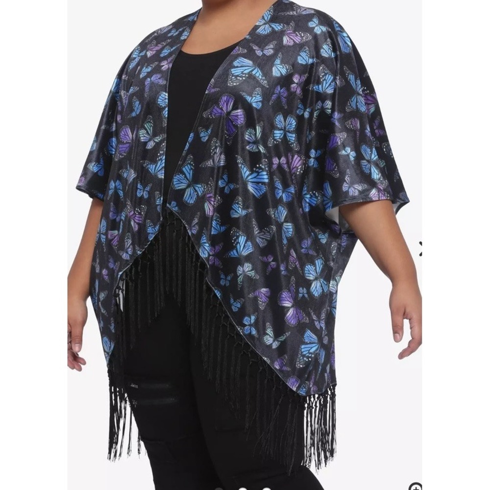 Hot Topic Purple Blue Black Open Fringe Short Sleeve Butterfly Kimono Xl Sz 0/1